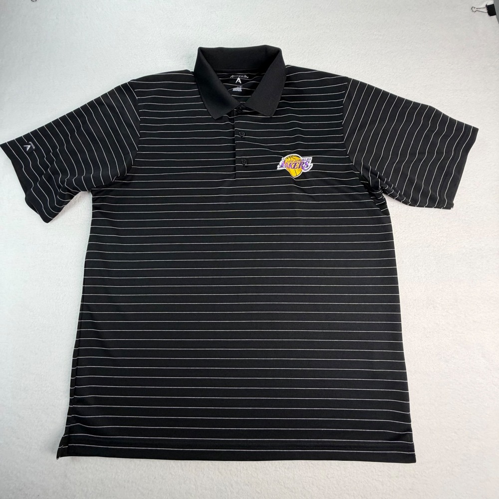 Antigua Los Angeles Lakers Mens Large Black Pinstripe Polo Shirt NBA Basketball